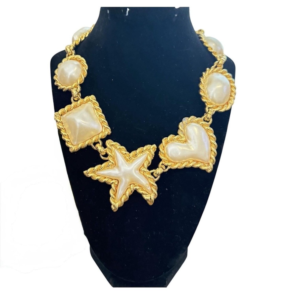 Edouard Rambaud Paris Gold Plated Pearl Heart Starfish‎ Collar Chain Necklace